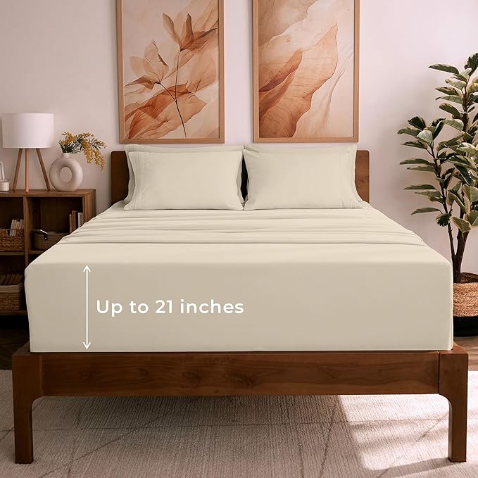 Mellanni Full Sheet Set - 6-Piece Iconic Collection Bedding, (Including 4 Pillowcases), 21-Inch Extra Deep Pocket, Easy Care, Ultra Soft, Cooling Sheets, Brushed Microfiber - Beige