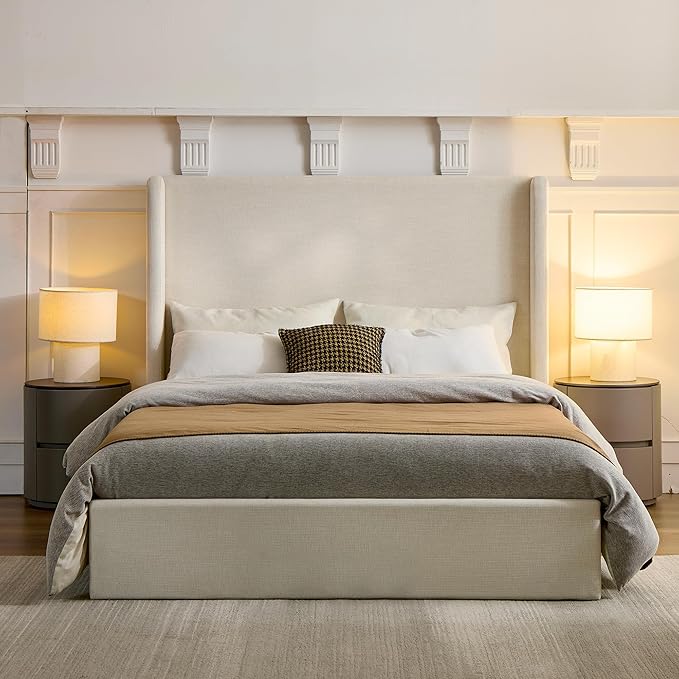 KEIKI King Bed Frame with Upholstered Wingback Headboard, Minimalist Design, No Box Spring Needed – Textured Chenille Upholstery, Ivory