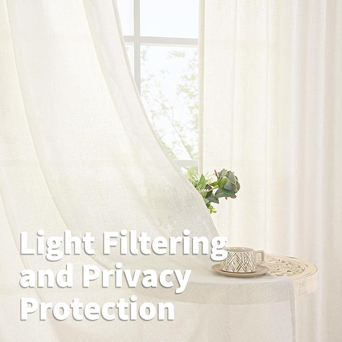 YoungsTex Ivory Linen Curtains 40 Inch Length for Kitchen Window, Short Semi Sheer Drapes Light Filtering with Bronze Grommet Privacy for Cafe Bathroom Windows, 42 x 40 Inch, 2 Panels