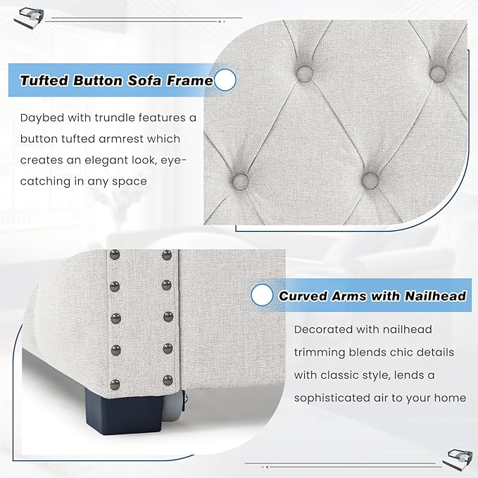 Antetek Daybed with Trundle, Upgraded Linen Upholstered Twin Size Day Bed Button-Tufted Sofa Daybed Frame with A Trundle,No Box Spring Needed,Furniture for Bedroom Living Room Guest Room (Beige, Twin)