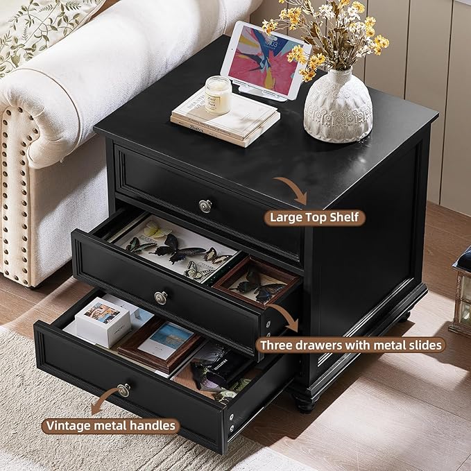 24" Wide Farmhouse Night Stand Set of 2,Large End Table with 3 Drawers & Metal Handle,Black Wood Dresser for Bedroom,Bed Side Table Chest of Drawers Cabinet,Nightstand for Living Room,Closet