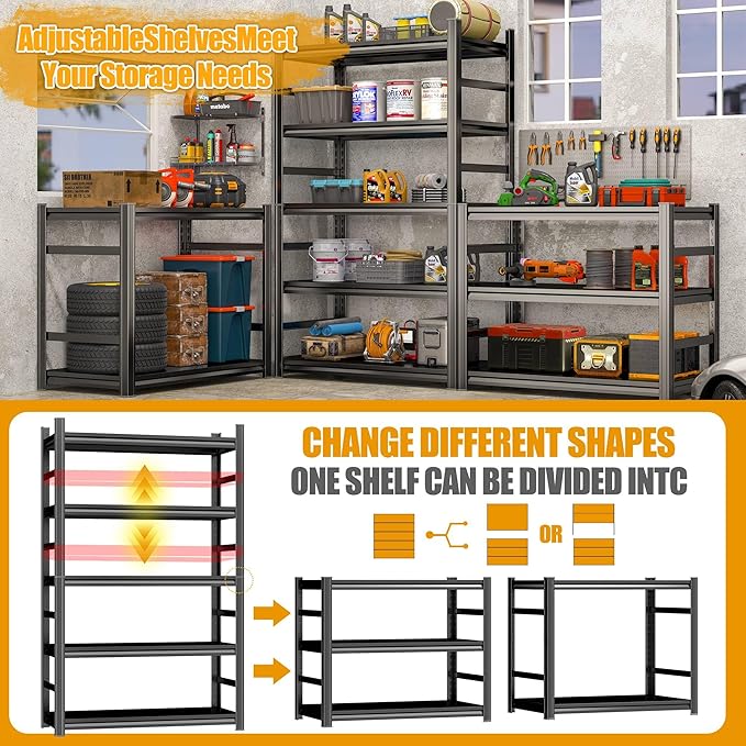 72''H Metal Garage Shelving Unit ,5-Tier Garage Storage Shelves Heavy Duty，Adjustable 3020 lbs Shelf, Upgraded Reinforced Double-Layer Columns for Basement Kitchen Laundry Room Pantry Rack 40''W*16''D