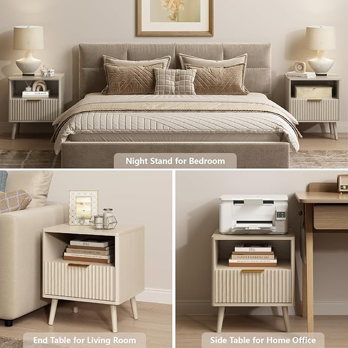 CARPETNAL Fluted Nightstand, Beige Bedside Table with Drawer and Storage Shelf, Wood End Table Mid Century Night Stands for Bedroom Living Room