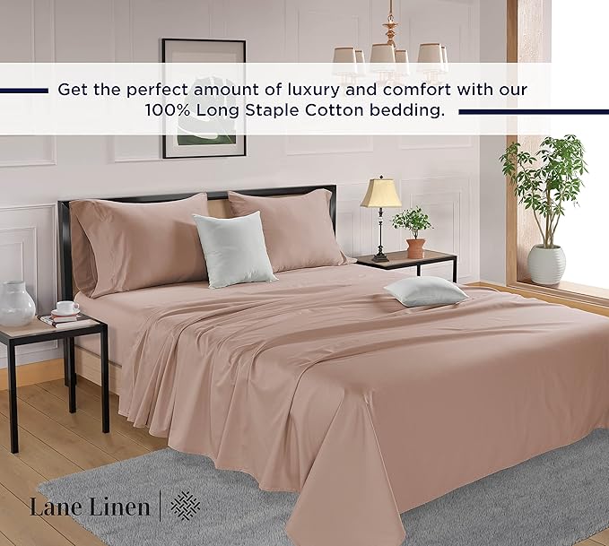 LANE LINEN Queen Sheet Sets – Natural 100% Cotton 600 Thread Count Cooling Sheets Queen, Soft Comfort for Restful Sleep, Easy Care & Machine Washable for Everyday Use, 15" Deep Pocket – Sepia Rose