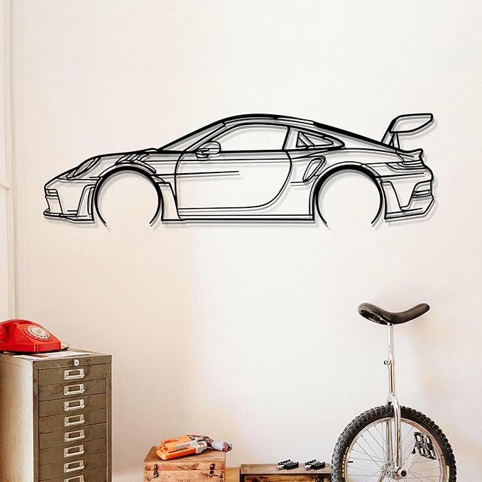 Dekory Car Wall Art – 911 GT3 RS (992) Black Metal Sports Car Silhouette, Modern Industrial Automotive Wall Decor for Garage, Living Room or Bedroom – 16 Inch (XS)