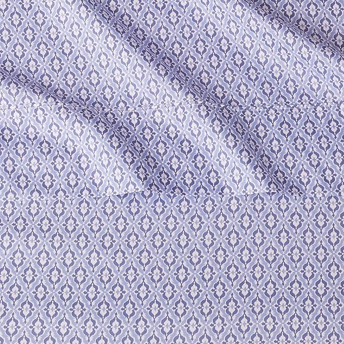 Amazon Basics Lightweight Super Soft Easy Care Microfiber 4 Piece Bed Sheet Set With 14" Deep Pockets, Queen, Blue Damask, Printed