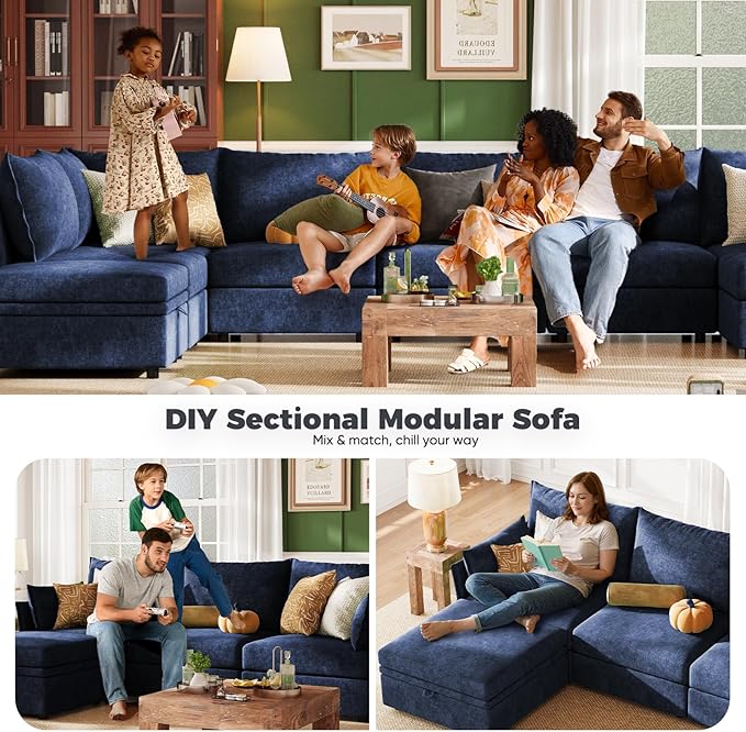 ABCASA 102.6" U Shaped Modular Sectional Sofa, 5 Seater Couch with Storage Ottoman Deep Seat and High Backrest with Removable Cover for Living Room, Apartment - Chenille Blue