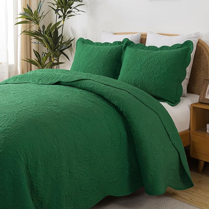 HoneiLife Queen Size Quilt Sets - 3 Piece Queen Quilt Bedding Set Microfiber Quilt Set Lightweight Bedspreads Reversible Coverlets Retro Bed Cover Floral Bedding Set All Season Quilts-Green