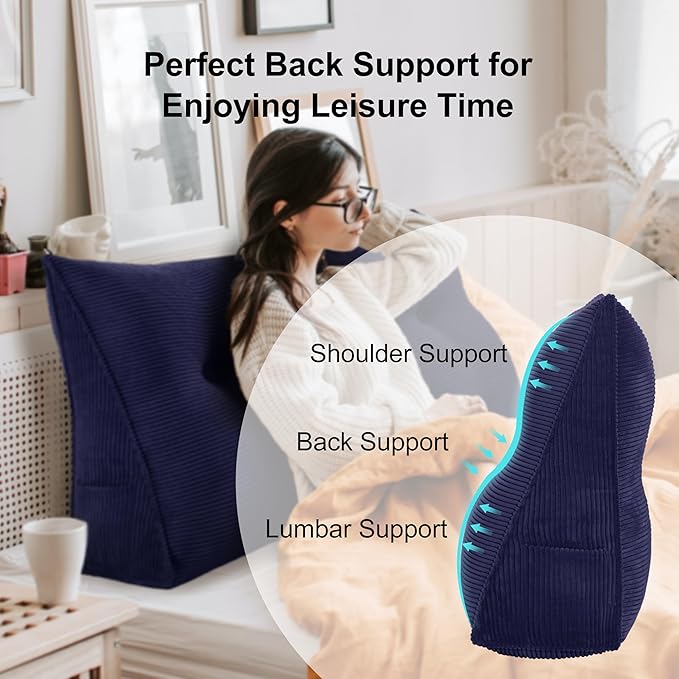 WOWMAX Triangular Headboard Pillow Full Bed Wedge Pillow for Headboard Large Bolster Pillow for Bed Wedge Pillow Headboard Daybed Pillows with Removable Cover, Corduroy(100% Cotton), Deep Blue