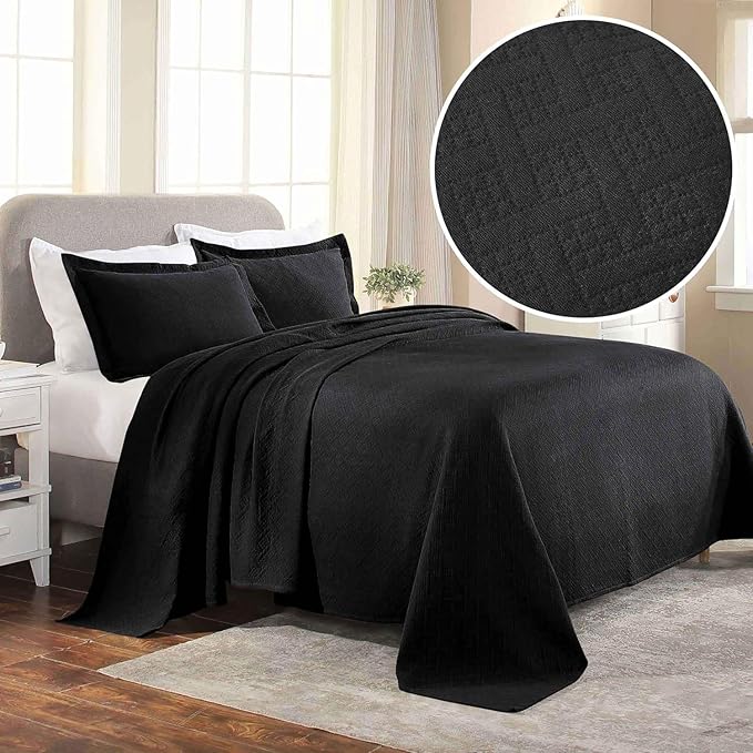 Superior 100% Cotton Basket Weave Bedspread with Shams, All-Season Premium Cotton Matelasse Jacquard Bedding, Quilted-Look Geometric Basket, Twin, Black
