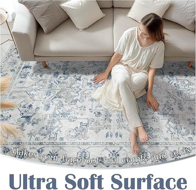 jinchan Lima 6x9 Area Rug for Living Room Washable Soft Throw Rug Ultra-Thin Stain Resistant Non-Slip Distressed Vintage Floral Large Carpet for Bedroom Dining Room Home Office Nursery (6x9ft, Blue)