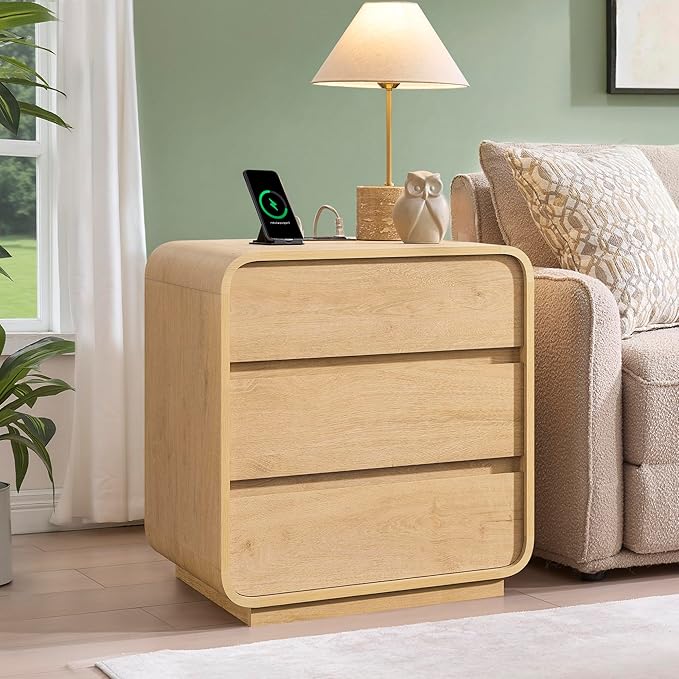Natural Curved Nightstand Set of 2, 23.2" Large Wood Bedside Table with 3 Drawers, Charging Station, Modern Side Table, Mid-Century End Table Night Stand for Bedroom Sofa,