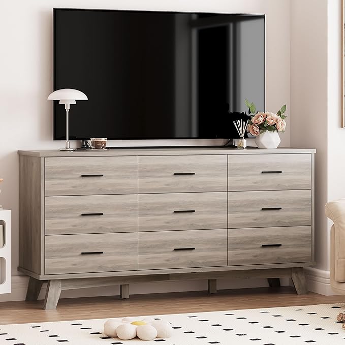 Dresser for Bedroom, 9 Drawer Wide Modern Chest of Drawers with X-Shaped Sturdy Base, Wood Double Dresser Closet Clothes Storage Organizer, Wooden TV Stand for Living Room, Hallway, Grey