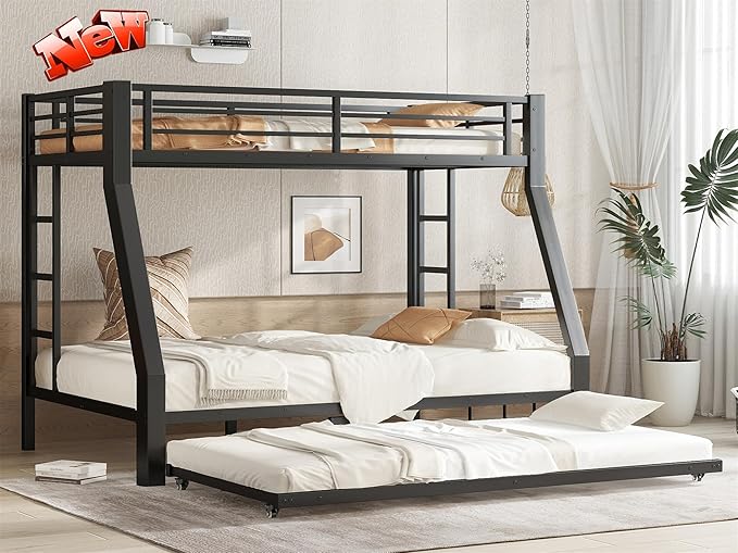 LUXIEE Upgraded & Stronger Heavy Duty Steel Twin Over Full Bunk Bed Frame, More Stable Safer Thickened Metal Bunkbeds with Twin Size Trundle (Twin Over Full)