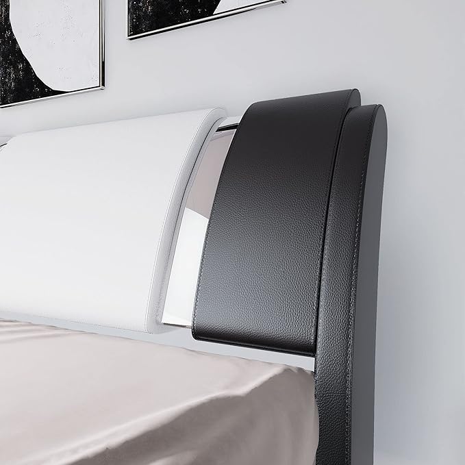 Allewie King Size Bed Frame with Iron Piece Decor, Faux Leather Upholstered Platform Bed with Curved Adjustable Headboard, Wooden Slats Support, No Box Spring Needed, Modern Black and White