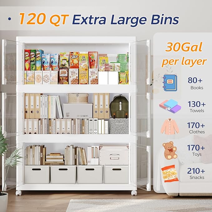 90GAL Large Stackable Storage Bins with Lid and Wheels, 360Qt Collapsible Organizer Cabinet with Clear Door, for Closet, Bedroom, Kitchen, Garage, 3-Pack White