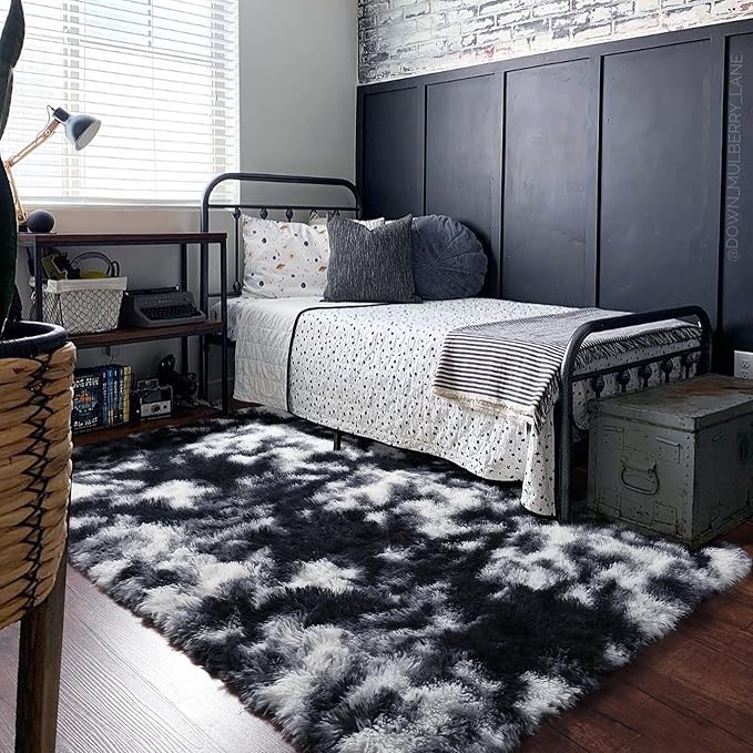 PAGISOFE Black White Rugs for Living Room 6x9, Shag Fuzzy Fluffy Washable Rugs for Bedroom Kids Room Playroom Dorm Shaggy Soft Carpet for Home Decor Aesthetic Plush Bedside Rug Modern Grey Rug
