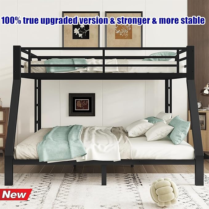Higher Quality & Stronger Heavy Duty Metal Bunk Bed Frame Queen Over King Size for Adults Teens, Thickened More Stable Steel Bunkbed (Queen Over King)