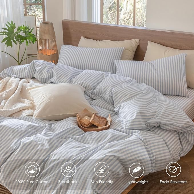 MooMee Striped Duvet Cover Set 100% Washed Cotton Linen Like Textured Breathable Durable Soft Comfy (Cornflower Blue White Classic Stripes, Super King Plus 120"x120")