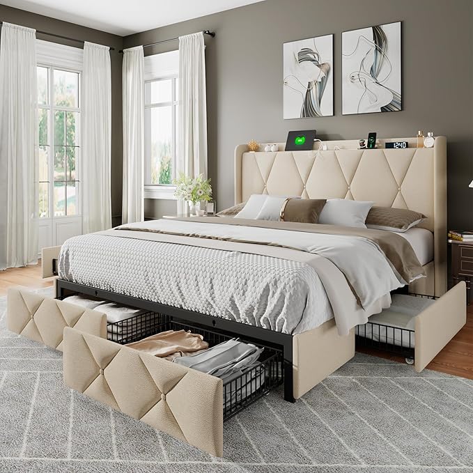 Feonase Full Size Bed Frame with 4 Storage Drawers, Upholstered Platform Bed with Charging Station, Wingback Storage Headboard, Wooden Slats Support, No Box Spring Needed, Easy Assembly, Beige
