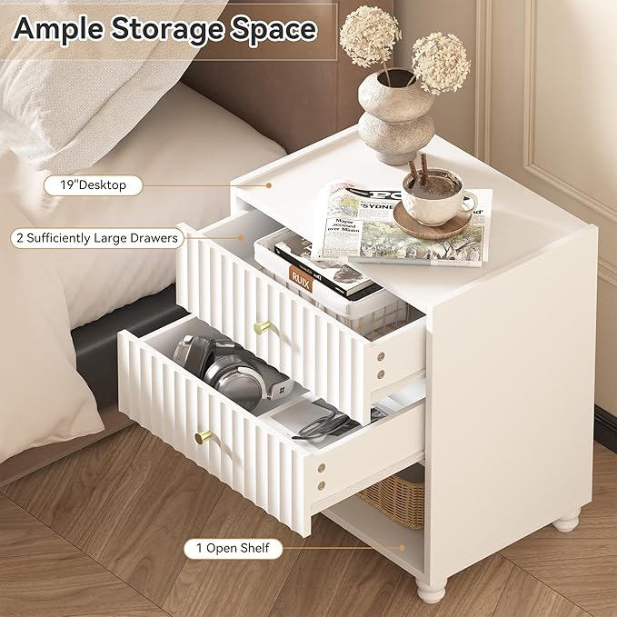 Modern Nightstand, Fluted End Table with 2 Drawers, Nightstand with Open Shelf for Bedroom (1, White)