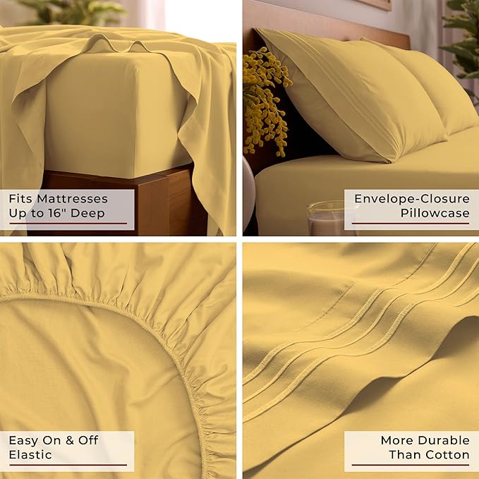 Mellanni Twin Sheet Set - 4-Piece Iconic Collection Bedding, (Including 2 Pillowcases), 16-Inch Deep Pocket, Easy Care, Extra Soft, Cooling Sheets, Brushed Microfiber - Yellow