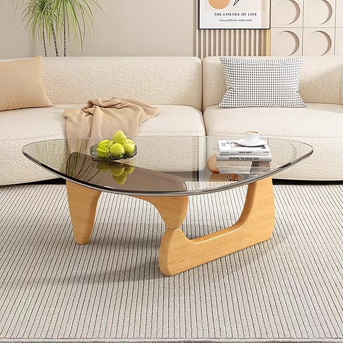 Modern Glass Coffee Table for Living Room, Mid Century Coffee Table, Small Coffee Tables, Suitable for Bedroom Living Room Reception Office Tables (Wood/Transparent, Medium)