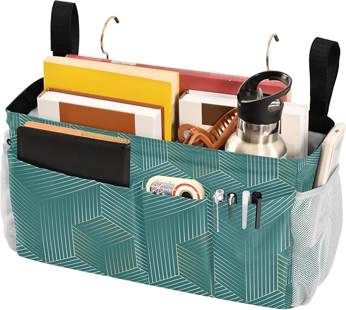 Bedside Caddy Hanging Bunk Bed Caddy Bed Organizer Hanging Pocket with 2 Hooks Bedside Storage Organizer Pocket Bag Holder Geometric Green