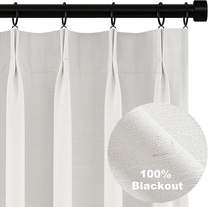 Topfinel Pinch Pleated Curtains 96 Inch Long, 100% Blackout Thermal Insulated Natural Linen Pinch Pleat Viral Drapes with Hooks Rings 2 Panel Sets, Neutral Birch Ivory 8FT Back Tab Window Curtains