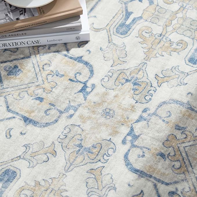jinchan Round Rug 4ft Area Rug Indoor Vintage Floral Circle 4' Washable Ultra-Thin Low Pile Soft Small Non Slip Distressed Print for Living Room Dining Room Bedroom Entryway Blue