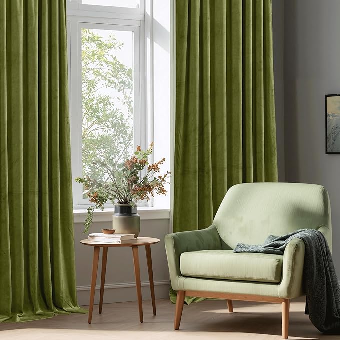 StangH Olive Green Velvet Curtains 102 inches Long 2 Panels for Christmas Decor, Room Darkening Warming Drapes Privacy Protect Cold Blocking for Dining Room/Hotel Hall, W52 x L102