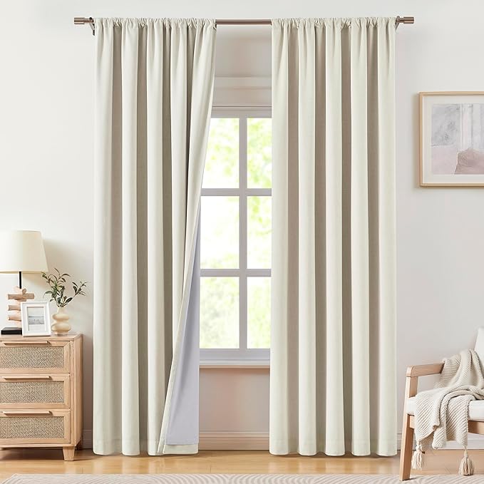 Vision Home Natural Linen Full Blackout Curtains 108 inch for Bedroom Living Room Darkening Soundproof Window Panels 9FT Thermal Insulated Rod Pocket Back Tab Farmhouse Drapes 56" Wx108 Lx2