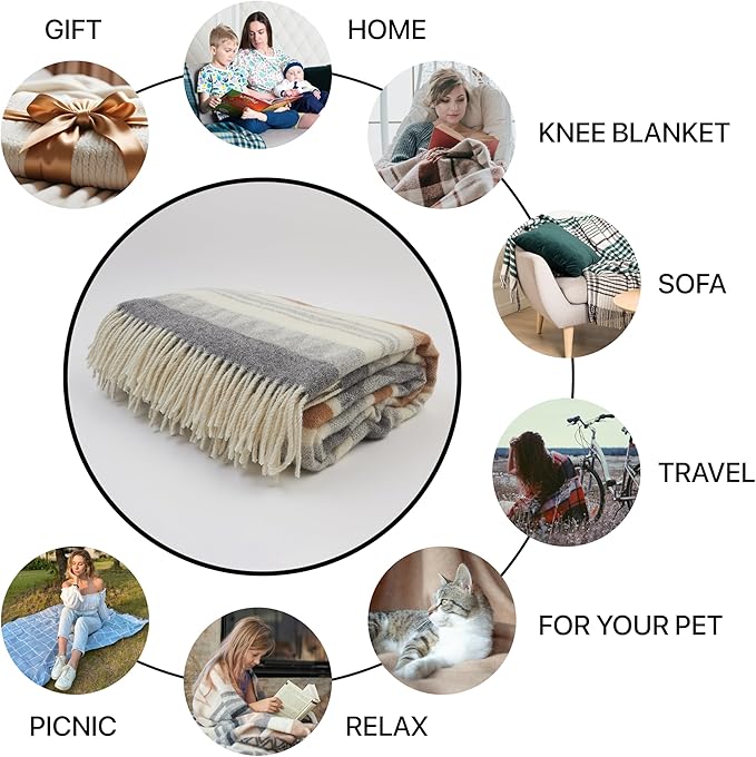 | Wool Blanket/Throw | 100% New Zealand Wool | Perfect for Home and Outdoors | Virgin Wool Throw with Fringes 67"x79" (170 x 200 cm)