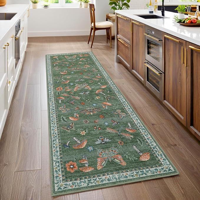 2.5x10 Runner Rug for Hallway Washable Kitchen Rugs Non Slip with Rubber Back Mushroom Soft Low-Pile Stain Resistant Foldable Indoor Carpet for Entryway Laundry Room Floor Mats Green