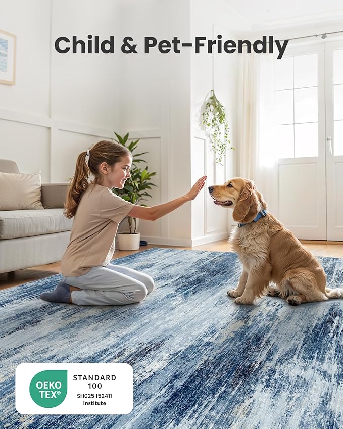 6x9 Area Rugs for Living Room, Modern Abstract Washable Rug with Non-Slip Backing & Low Pile Indoor Carpet for Nursery Room, Bedroom and Dinning Room, Blue