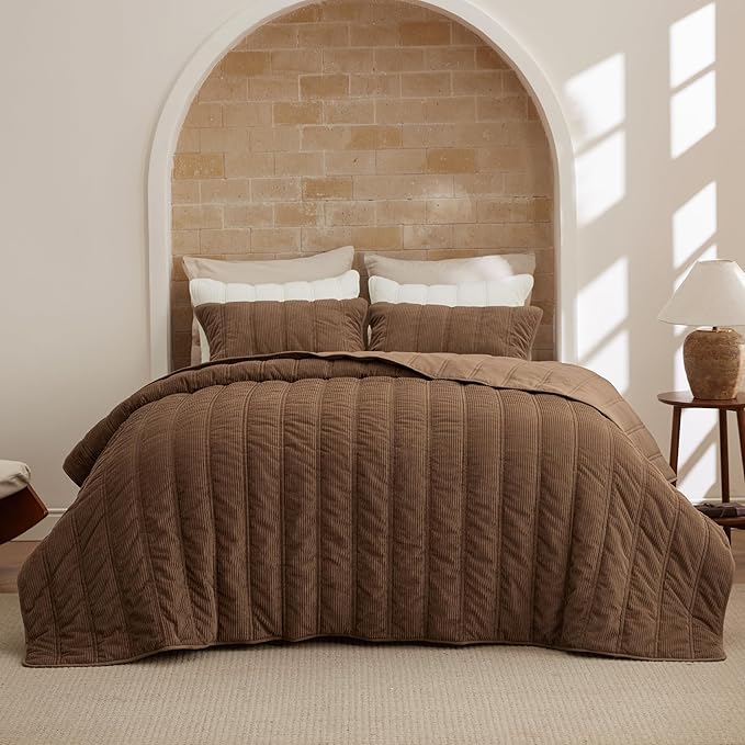 Bedsure Luxury Velvet Quilt Queen Size - Lightweight Velvet Brown Fluffy Comforter Set, Oversized Corduroy Bedspread Coverlet Winter Bedding Set, Pet-Friendly, Tear-Resistant, Ultra-Soft, 90"x96"