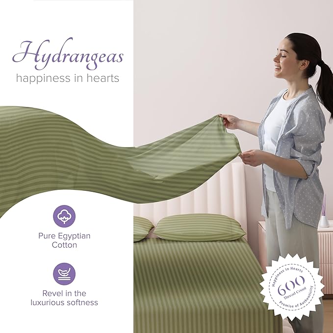 Carressa Linen Luxury Egyptian Cotton Queen Stripe Sheet Set - 600 Thread Count Extra Long Staple 4 PC Set, Herb Garden Queen Damask Sheets, Soft, Cooling Sateen Weave Sheets Upto 18 in Deep Pocket