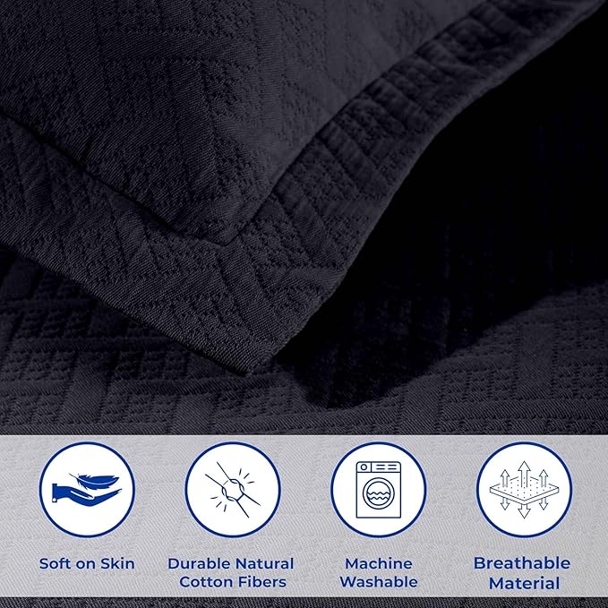 Superior 100% Cotton Basket Weave Bedspread with Shams, All-Season Premium Cotton Matelasse Jacquard Bedding, Quilted-Look Geometric Basket, King, Navy Blue