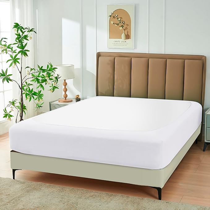 Biscaynebay Decorative Box Spring Cover Queen Size, White Luxurious Jersey Knitting Stretchy Wrap Around 4 Sides Bed Skirt for Home/Hotels, Easy Fit Wrinkle & Fade Free Machine Washable