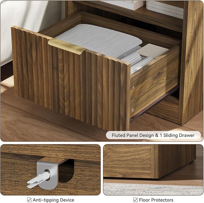 8 Drawer Dresser & Nightstand Set 3-Piece, 55” Wide Bedroom Dresser Set Night Stand Set of 2 with Metal Handle, Fluted Modern Wood Chest of Drawers Storage Dressers Set for Bedroom, Walnut