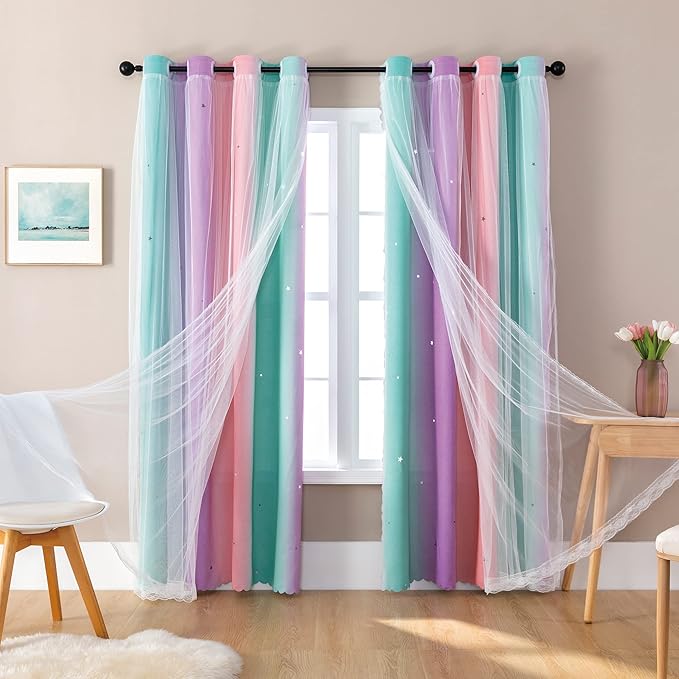 XiDi Dream Star Blackout Curtains for Kids Rooms Girl Princess Curtain for Daughter Bedroom Window (Pink Purple Green, W52 X L84)