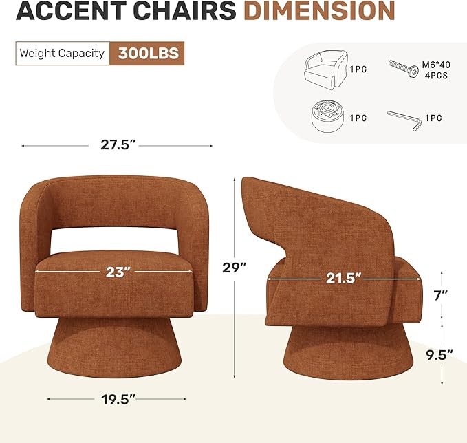 Swivel Accent Chair Set of 2, Modern Comfy Chenille Barrel Chairs, Oversized Upholstered Round Arm Chair for Living Room, Bedroom, Reading Room, Caramel