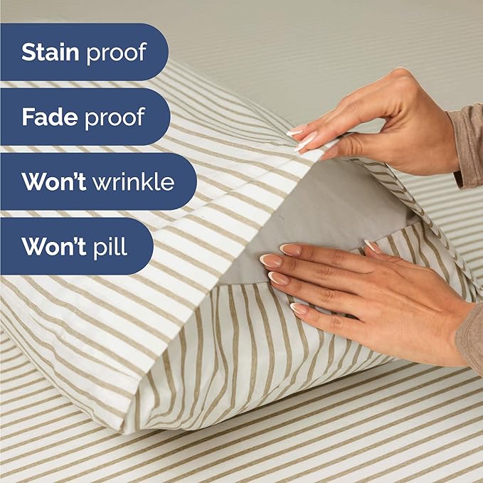 Twin 4 Piece Sheet Set - Cooling, Comfy & Breathable - Hotel Luxury Bedding, Includes Fitted Sheet for Women, Men, Kids & Teens - 1 Flat, 1 Fitted Sheet, 2 Pillowcases w/Deep Pockets - Beige Stripes