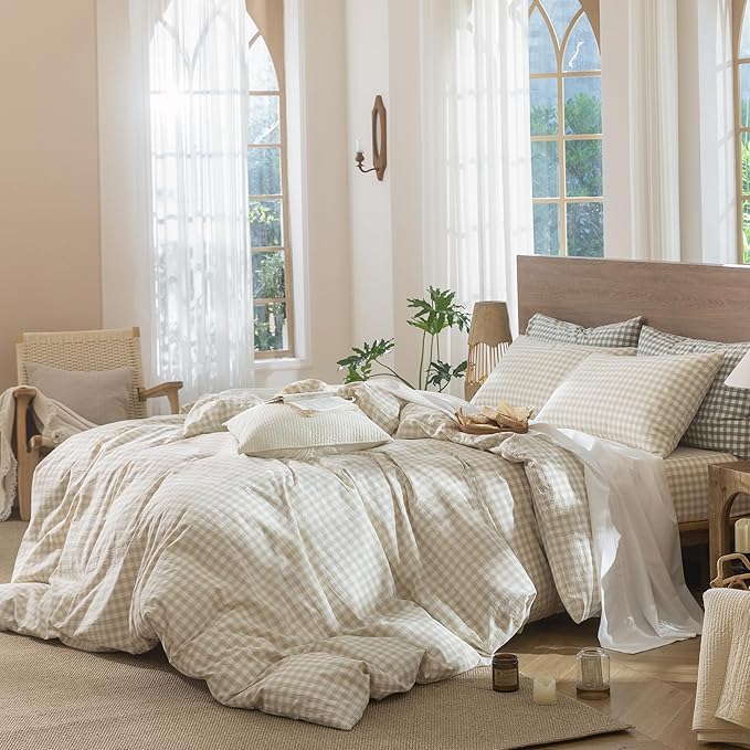 MooMee Gingham Duvet Cover Set 100% Washed Cotton Linen Like Textured Breathable Durable Soft Comfy Modern Checkered Design (Almond Milk Grey Gingham, King 104"x90")