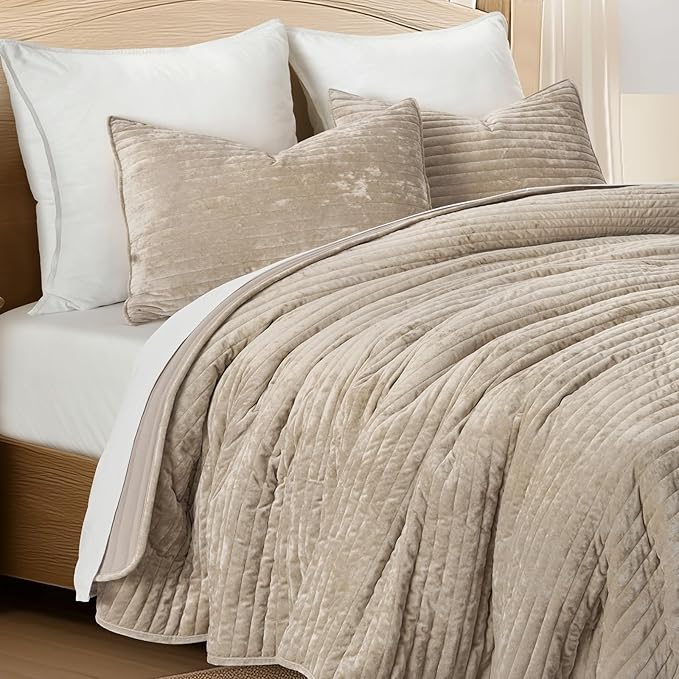 EVERGRACE Velvet Quilt Set California King 118'' x 106'', Luxurious Soft Striped Channel Bedding Set, Lightweight Velvet Comforter for All Season, Oversized Bedspread Coverlet w/ 2 Shams, Beige Taupe