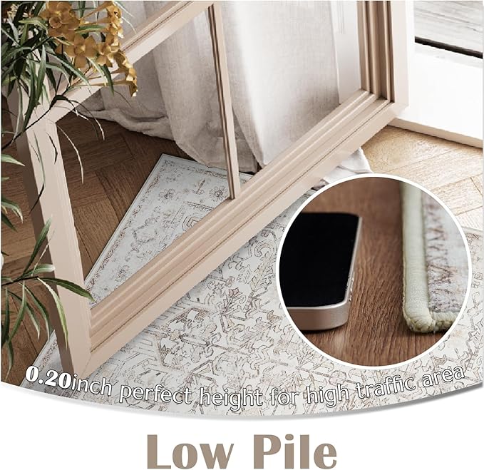 jinchan Lima 2x3 Washable Rug for Entryway - Vintage Floral Ultra-Thin Low Pile Soft Small Non Slip Distressed Indoor Door mat Accent Area Rug for Entrance Kitchen Bathroom Bedroom (2x3ft, Taupe)