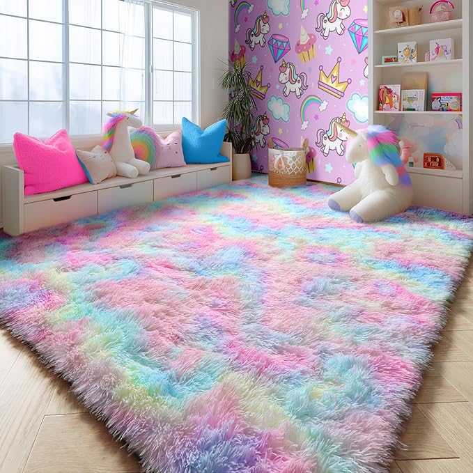 PAGISOFE Fluffy Soft Plush Washable Area Rugs for Girls Bedroom Shaggy Rugs for Kids Playroom Kawaii Princess Fuzzy Nursery Rug for Baby's Toddler's Room Cute Room Decor for Teenage 5x8 Ft Rainbow