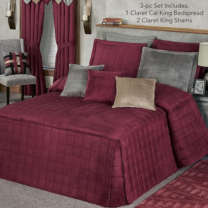 Touch of Class Camden Luxury Bedding | Neutral Claret Color | Grande Fitted Bedspread | Faux Suede Box Quilted Design | Designed 3 Piece Set Includes Cal King Bedspread and 2 King Shams
