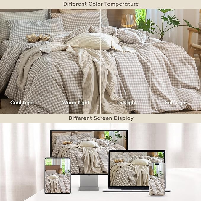 MooMee Gingham Duvet Cover Set 100% Washed Cotton Linen Like Textured Breathable Durable Soft Comfy Modern Checkered Design (Tannish Linen Grey Gingham, Queen 90"x90")
