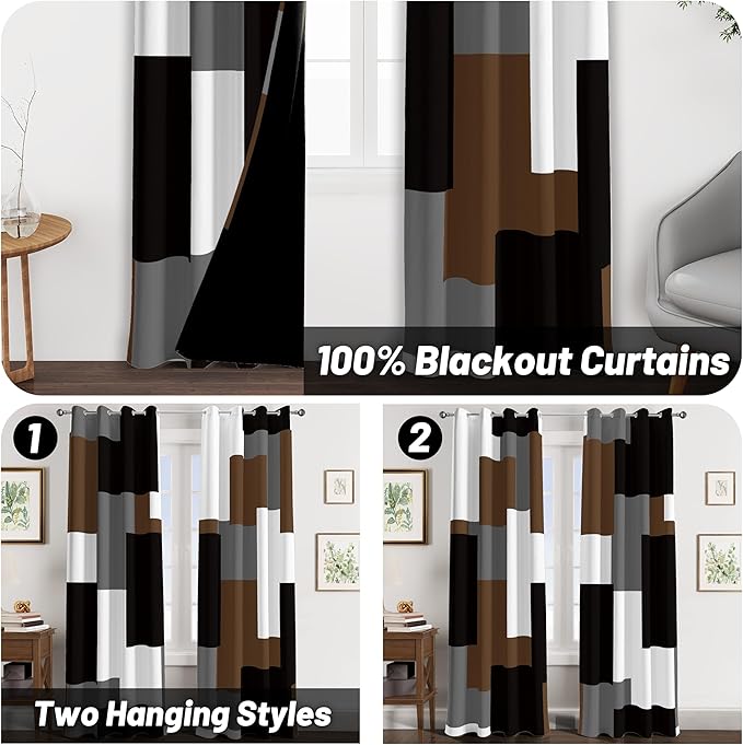 Brown 100% Blackout Curtains for Bedroom 84 inch Long 2 Panels Set Black White Gray Modern Abstract Geometric Black Out Curtains Insulated Room Darkening Window Drapes for Living Room, 52Wx84L